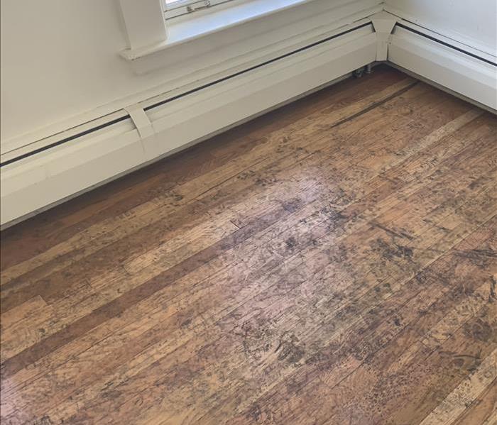 Wood flooring, blackened with soot, a window in the background. 