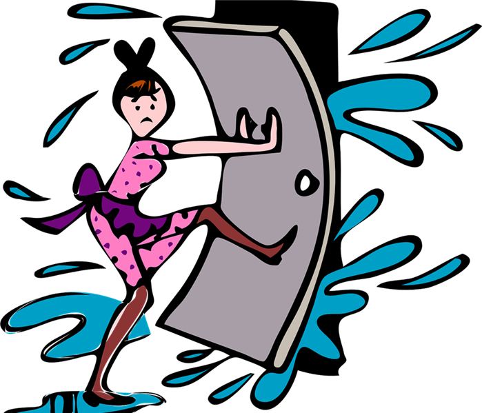 A cartoon woman holding a door closed to keep back water. 