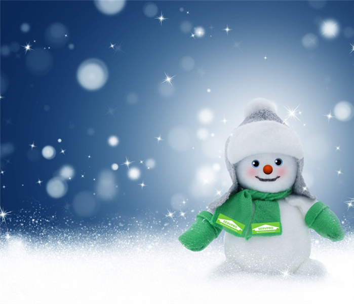 A snowman wearing SERVPRO green colors in the snow